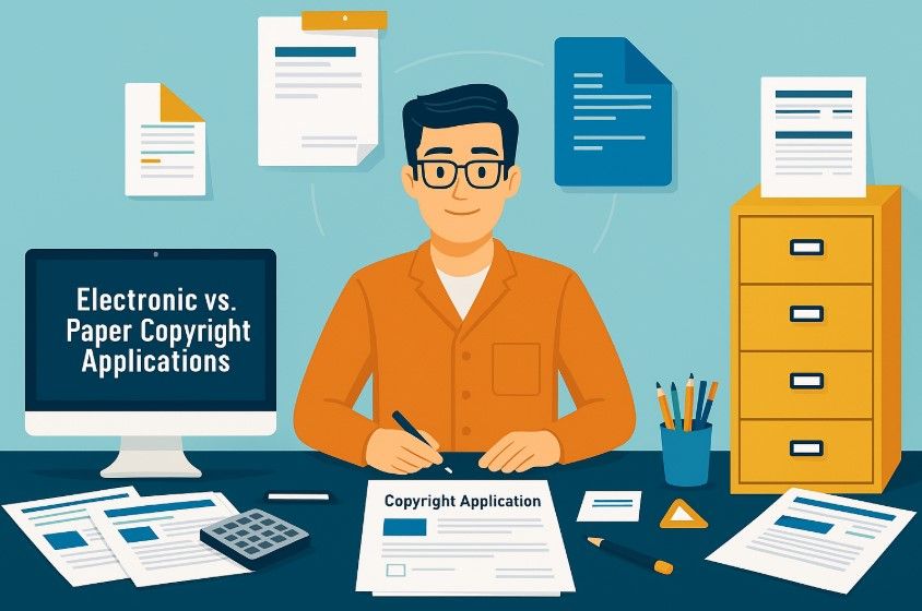 Illustration of a man filling out a copyright application at a desk with documents, a computer, and a sign reading "Electronic vs. Paper Copyright Applications," highlighting the choice between electronic copyright applications and traditional paper filing methods.