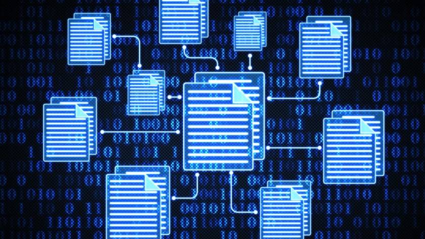 Illustration of interconnected digital document icons overlaid on binary code, representing data sharing or digital file networks, suitable for depicting copyright application processes or specimen requirements for the copyright office.